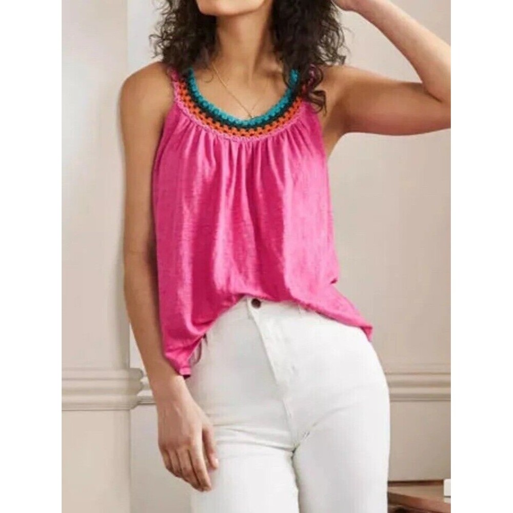 Boden Pink Tank Top with Multicolor Crochet Neck